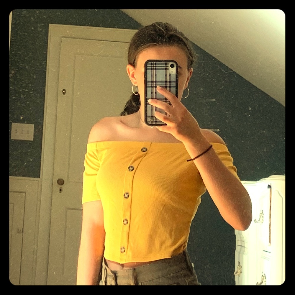 Off-the-shoulder button down top